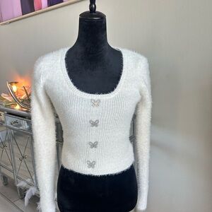 No Boundaries White Fuzzy Butterfly-Button Scoop Neck Crop Sweater